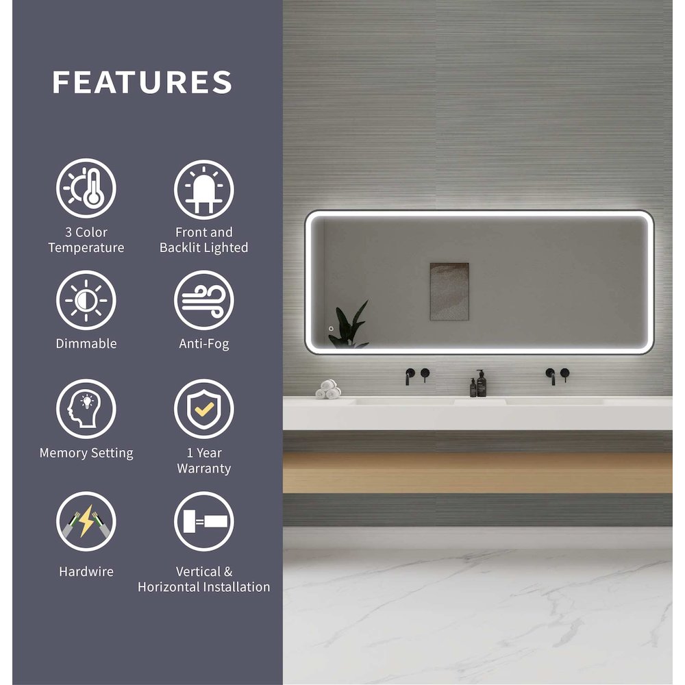 72 Inch Rectangle LED Front and Backlit Wall Mirror in Black. Picture 11
