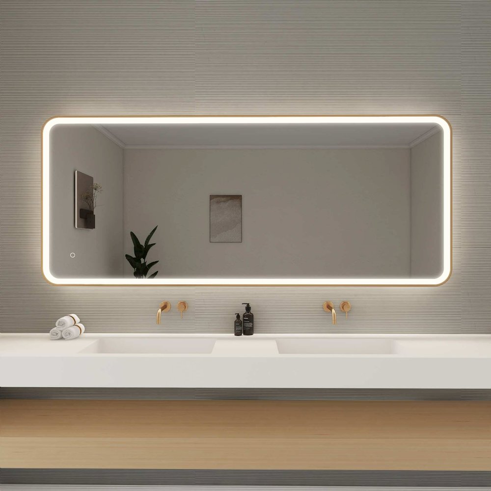 72 Inch Rectangle LED Front and Backlit Wall Mirror in Satin Gold. Picture 2