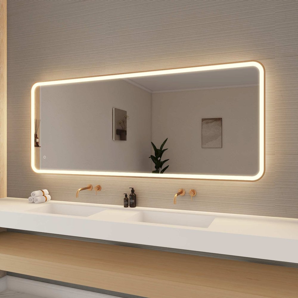 72 Inch Rectangle LED Front and Backlit Wall Mirror in Satin Gold. Picture 4