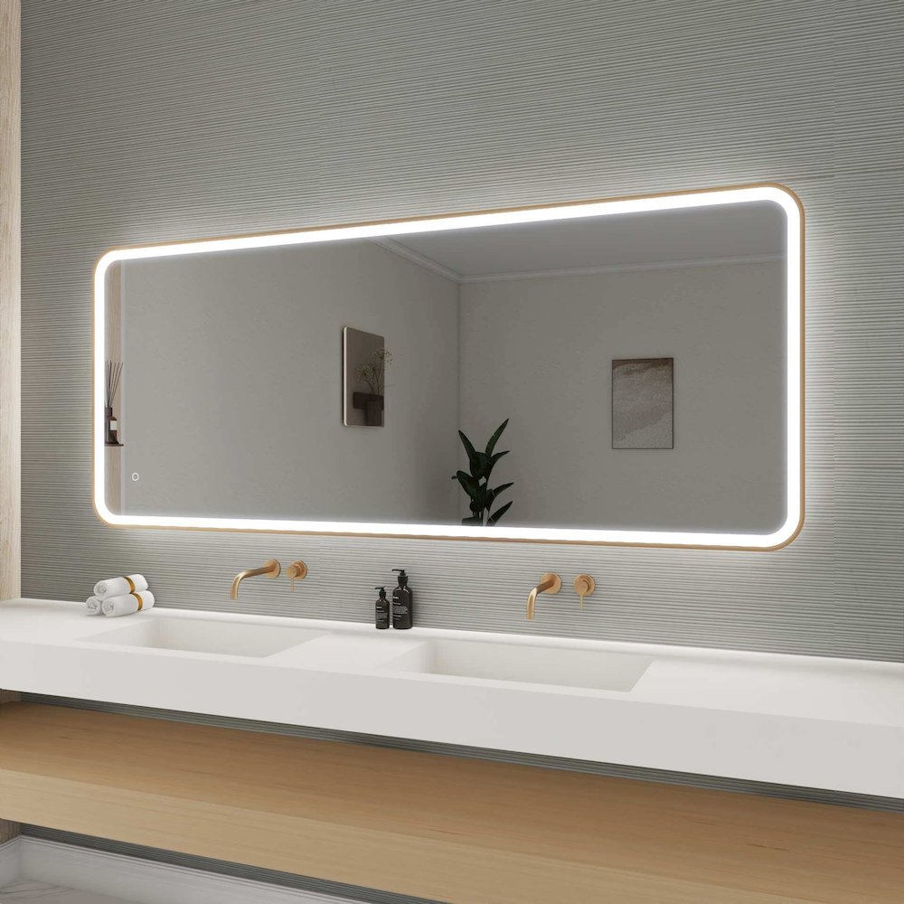 72 Inch Rectangle LED Front and Backlit Wall Mirror in Satin Gold. Picture 5