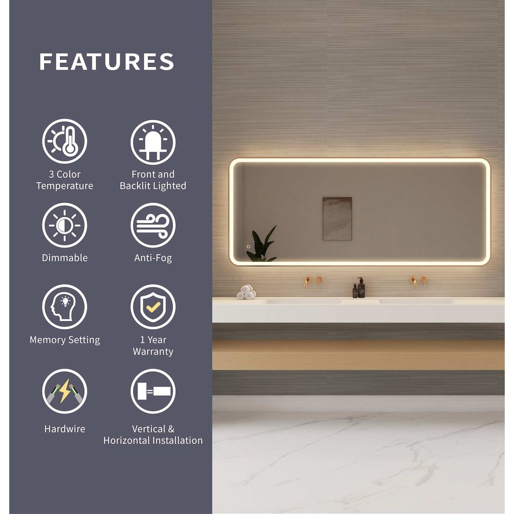 72 Inch Rectangle LED Front and Backlit Wall Mirror in Satin Gold. Picture 9