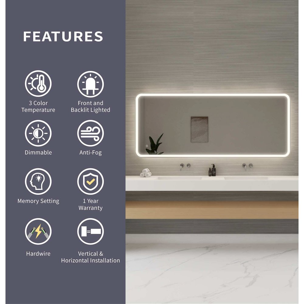 72 Inch Rectangle LED Front and Backlit Wall Mirror in Silver. Picture 10