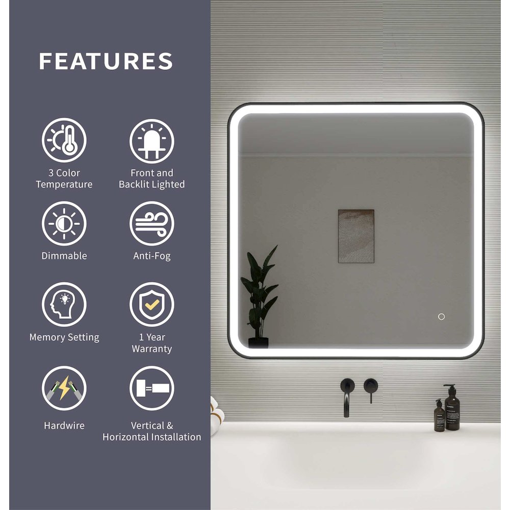 33 Round LED Front and Backlit Wall Mirror in Black. Picture 11