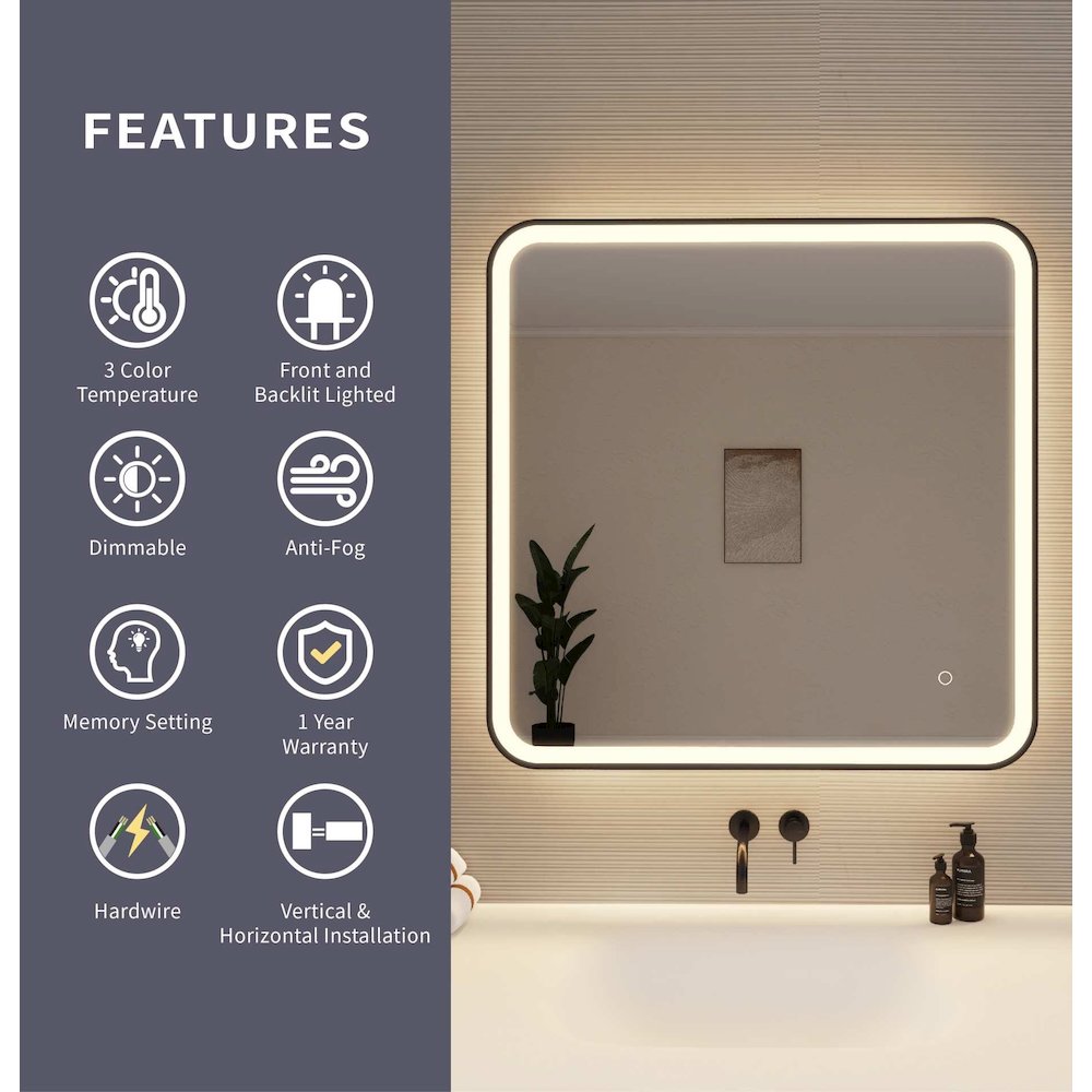 33 Round LED Front and Backlit Wall Mirror in Black. Picture 9
