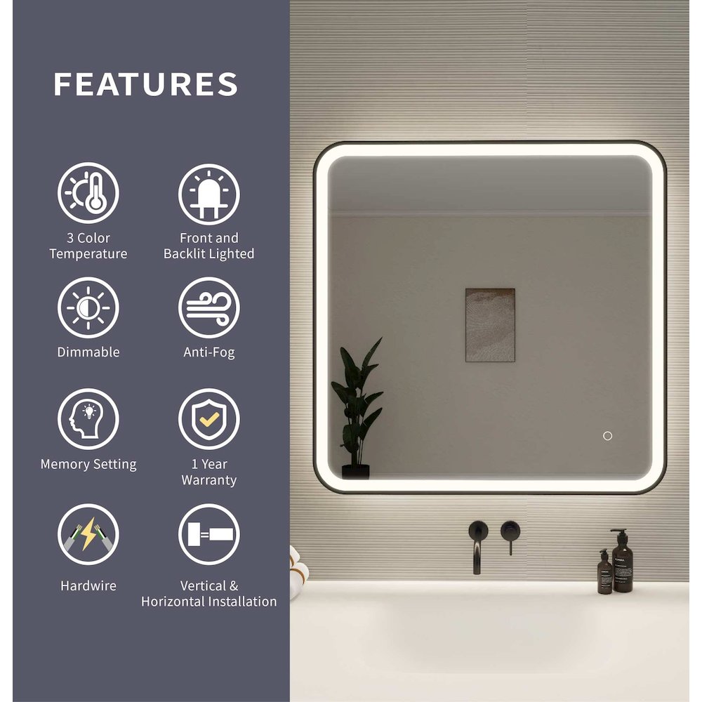 33 Round LED Front and Backlit Wall Mirror in Black. Picture 10