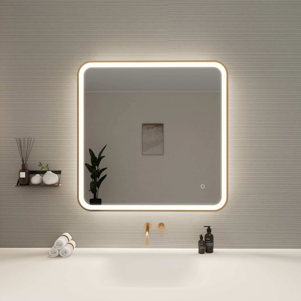 33 Round LED Front and Backlit Wall Mirror in Satin Gold. Picture 2