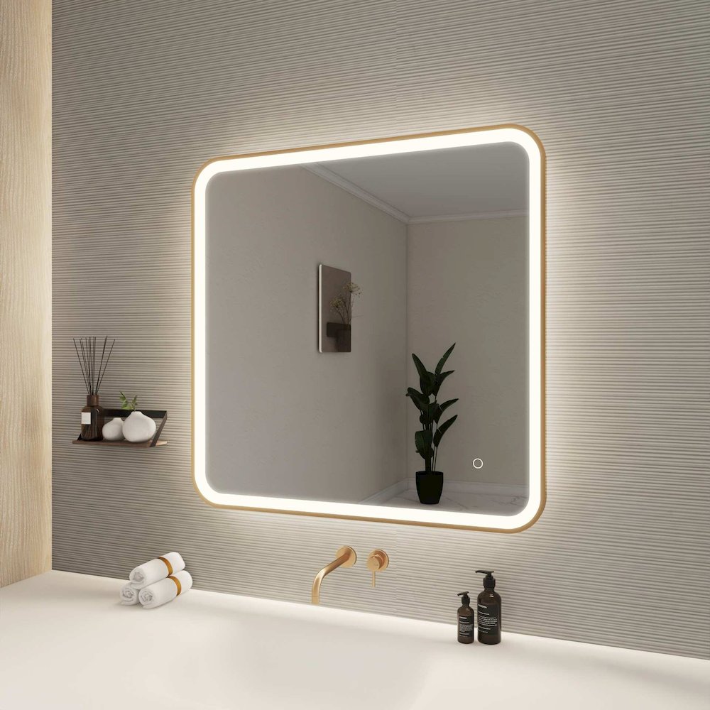 33 Round LED Front and Backlit Wall Mirror in Satin Gold. Picture 3