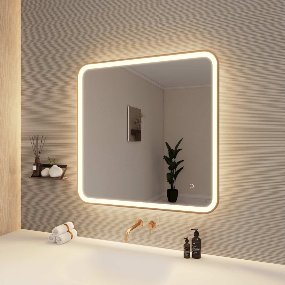 33 Round LED Front and Backlit Wall Mirror in Satin Gold. Picture 4