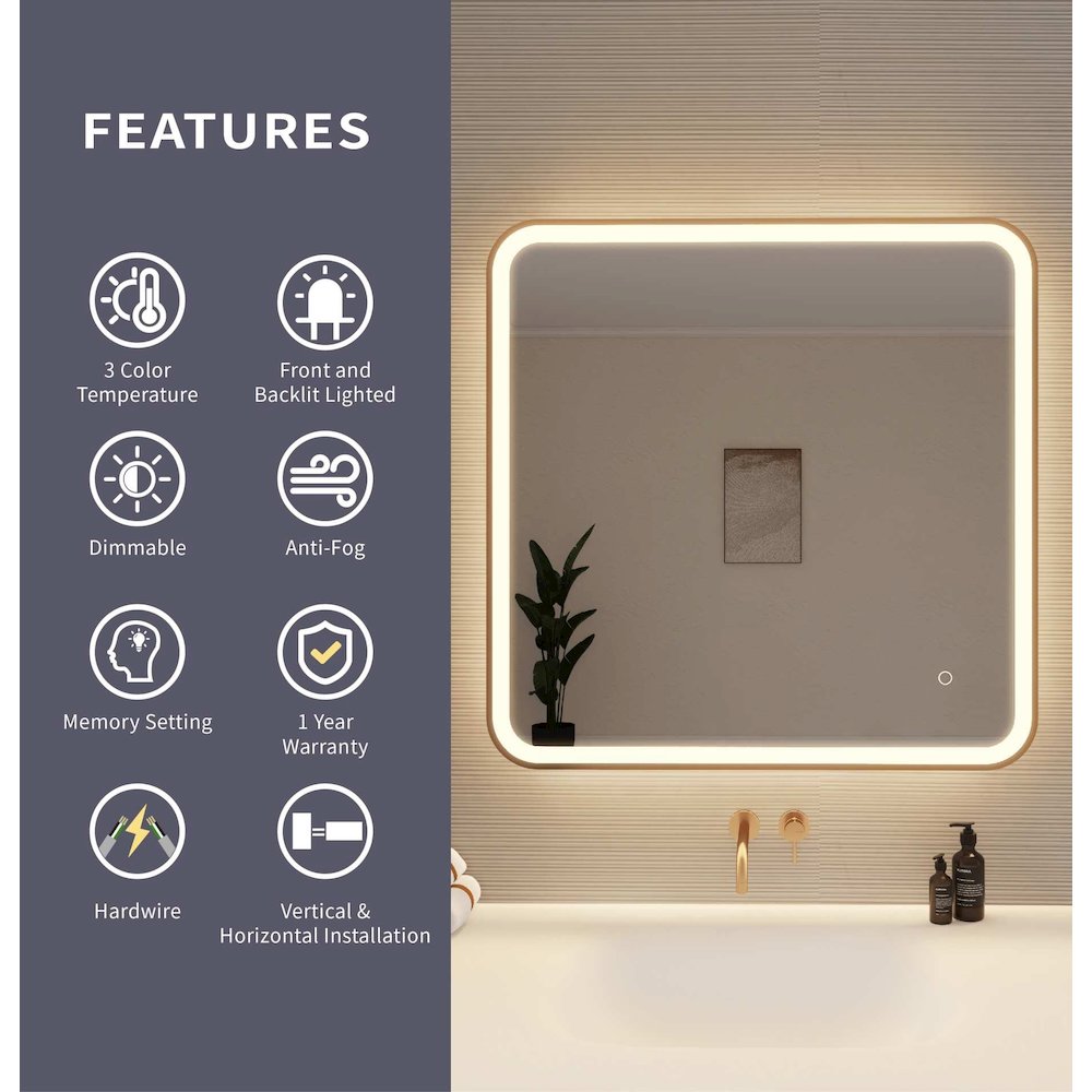 33 Round LED Front and Backlit Wall Mirror in Satin Gold. Picture 9