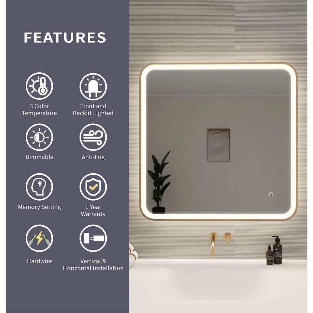 33 Round LED Front and Backlit Wall Mirror in Satin Gold. Picture 10