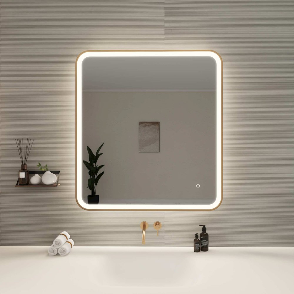 36 Round LED Front and Backlit Wall Mirror in Satin Gold. Picture 2