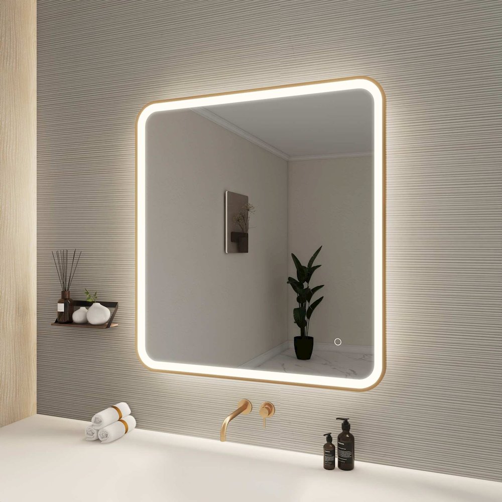 36 Round LED Front and Backlit Wall Mirror in Satin Gold. Picture 3
