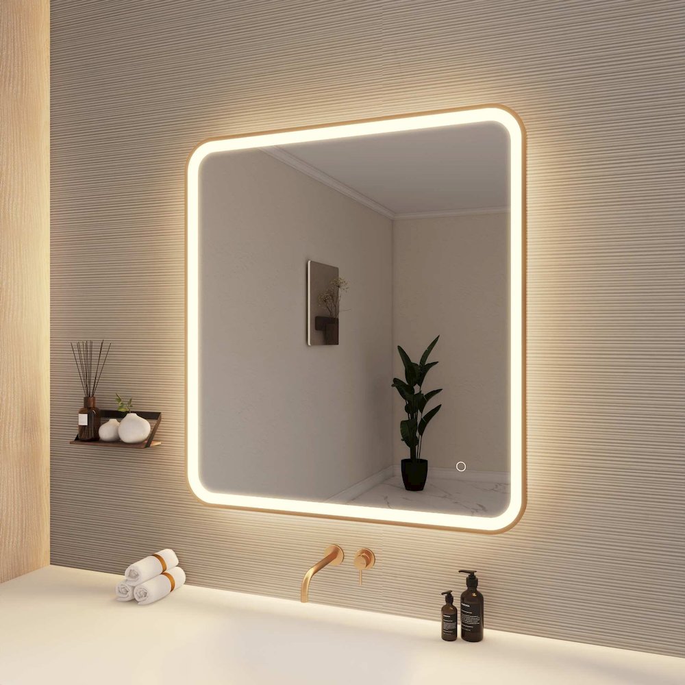 36 Round LED Front and Backlit Wall Mirror in Satin Gold. Picture 4