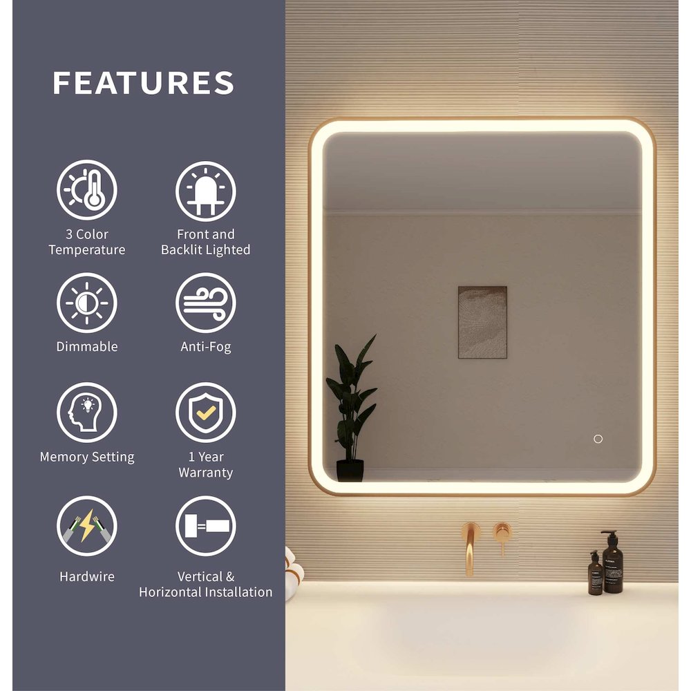36 Round LED Front and Backlit Wall Mirror in Satin Gold. Picture 9