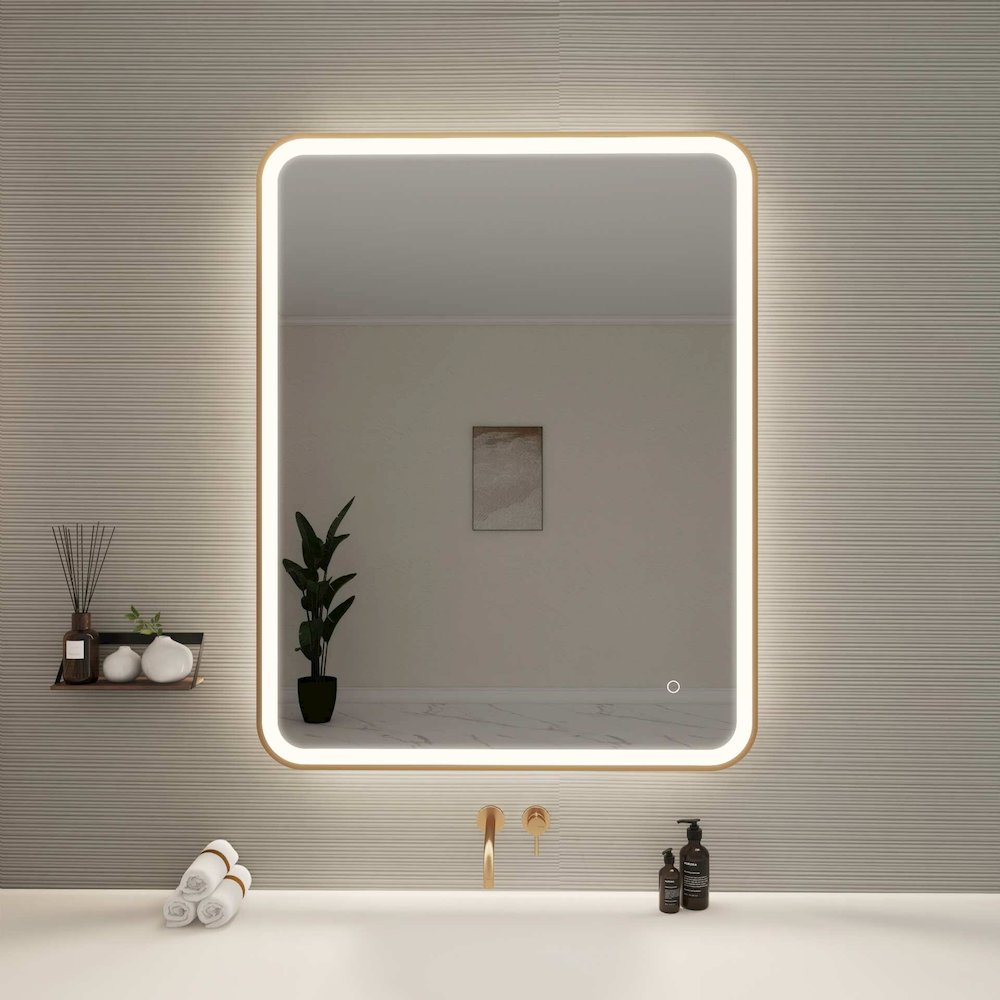 42 Round LED Front and Backlit Wall Mirror in Satin Gold. Picture 2
