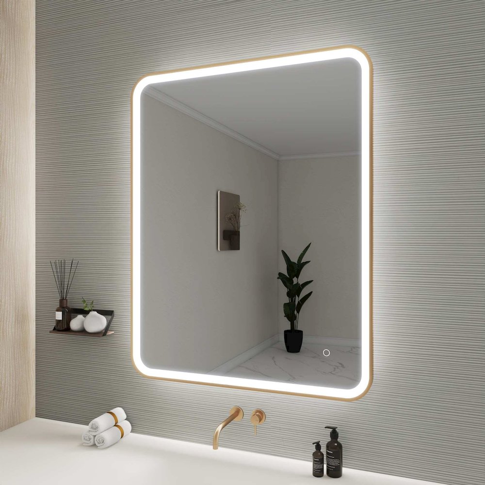 42 Round LED Front and Backlit Wall Mirror in Satin Gold. Picture 4