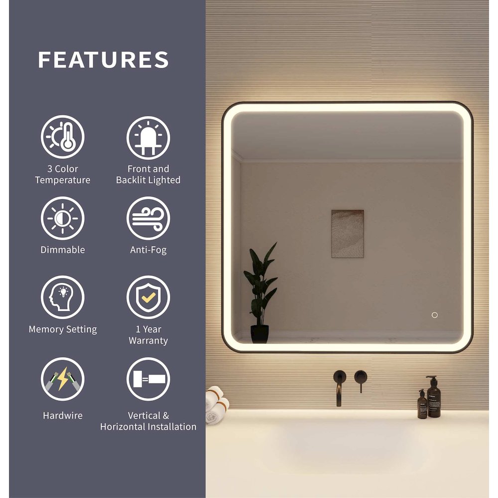 36 Round LED Front and Backlit Wall Mirror in Black. Picture 9