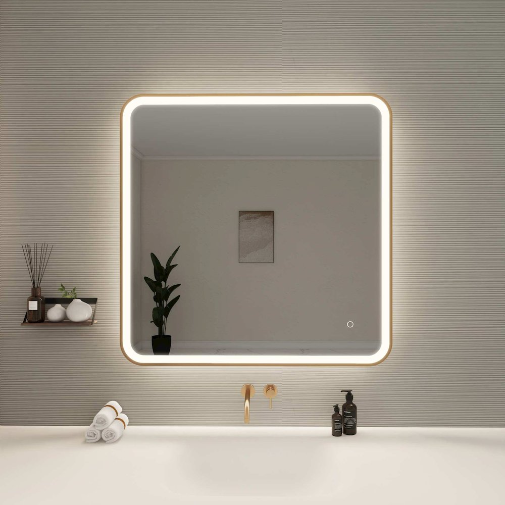 36 Round LED Front and Backlit Wall Mirror in Satin Gold. Picture 2
