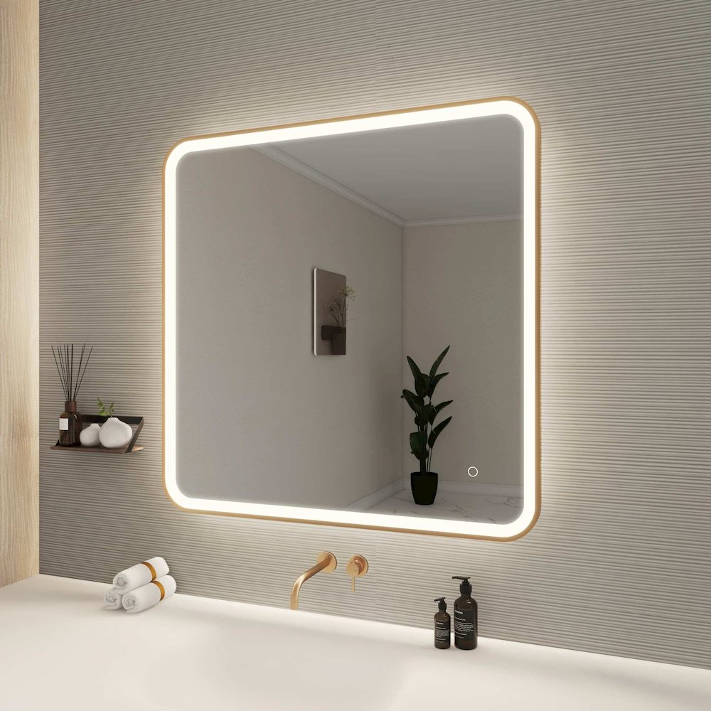36 Round LED Front and Backlit Wall Mirror in Satin Gold. Picture 3