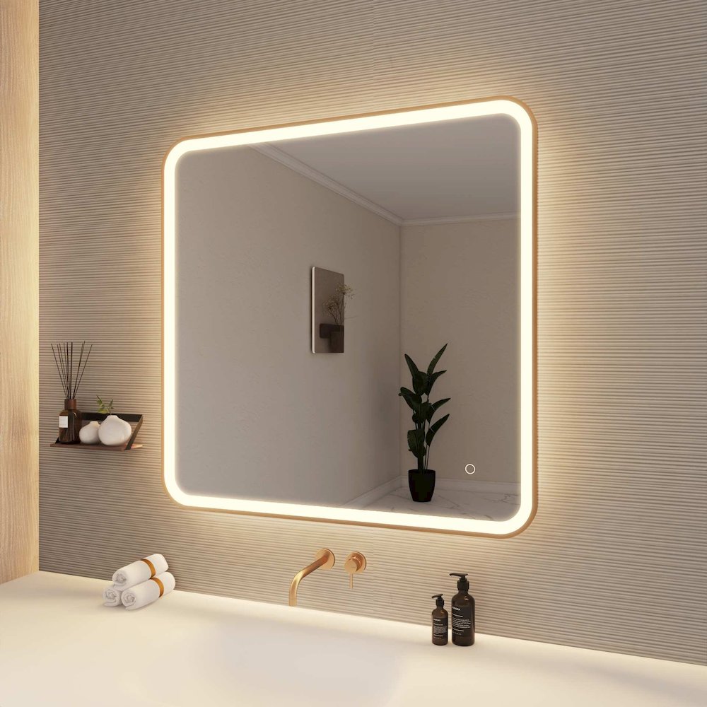 36 Round LED Front and Backlit Wall Mirror in Satin Gold. Picture 4