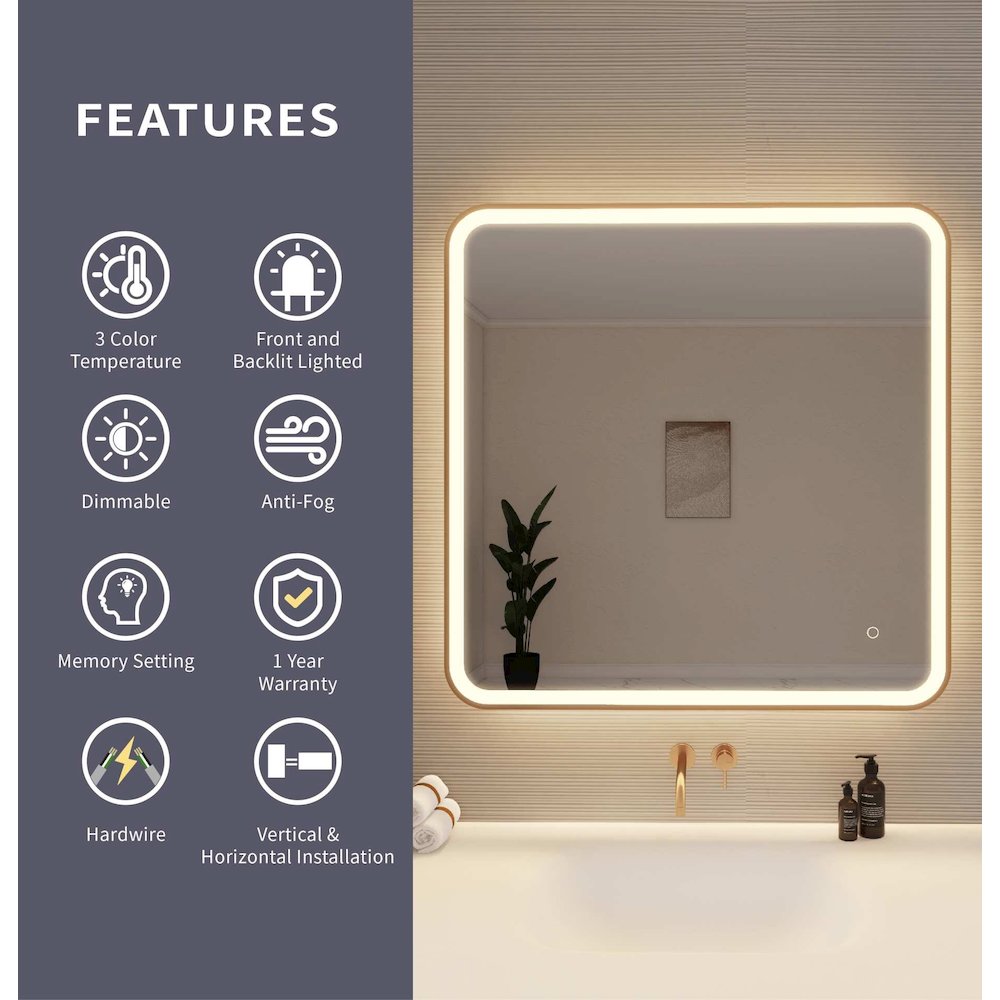 36 Round LED Front and Backlit Wall Mirror in Satin Gold. Picture 9