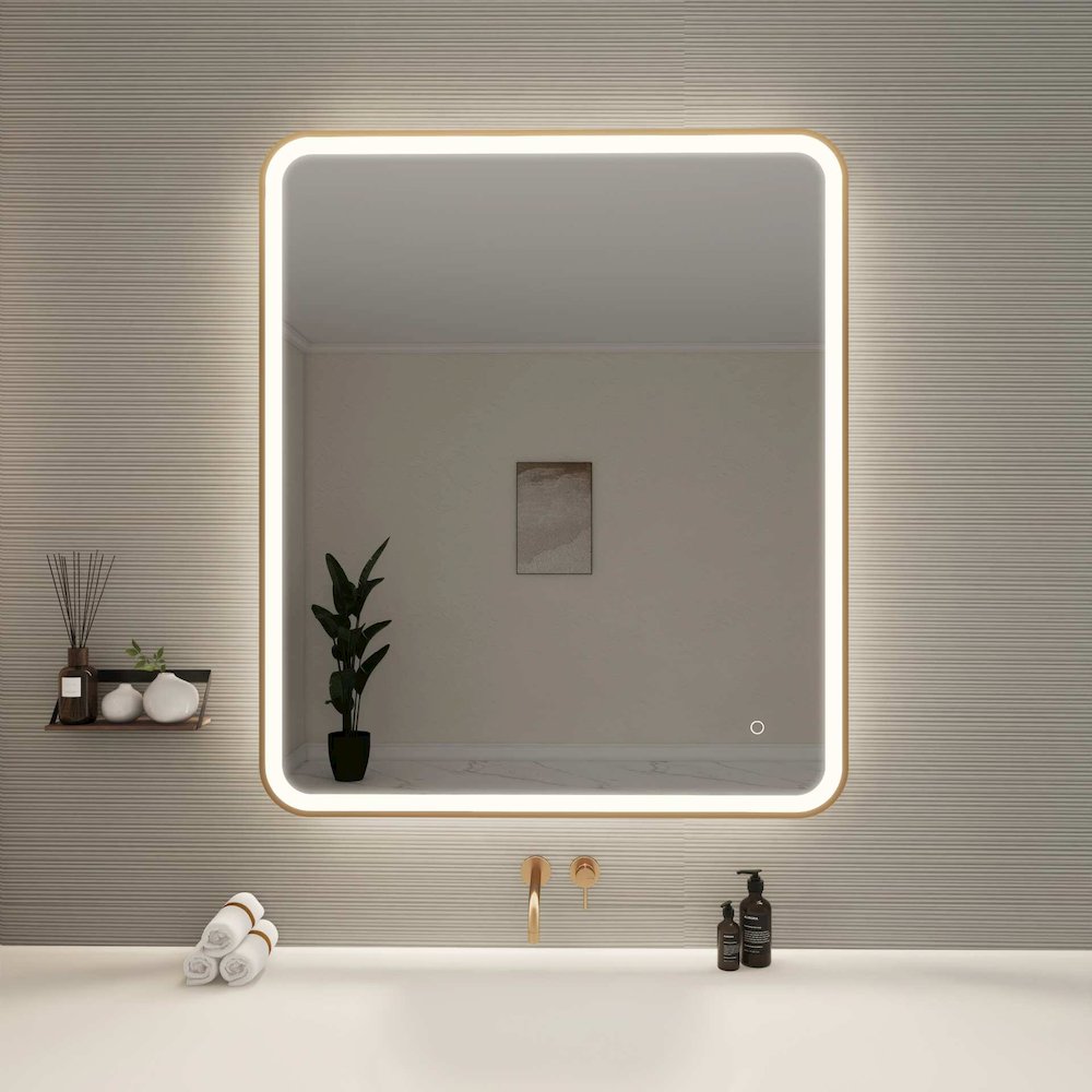 42 Round LED Front and Backlit Wall Mirror in Satin Gold. Picture 2