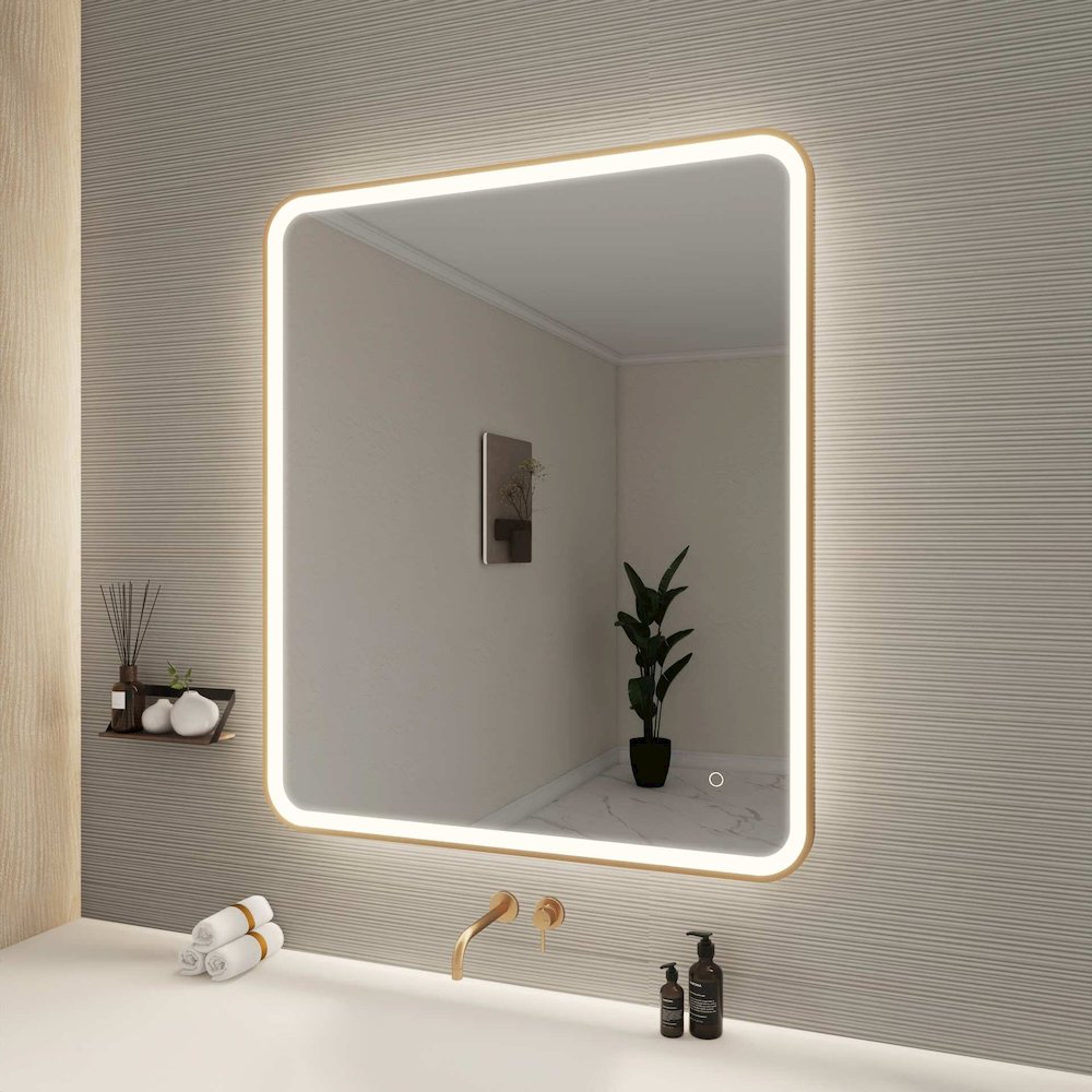 42 Round LED Front and Backlit Wall Mirror in Satin Gold. Picture 3