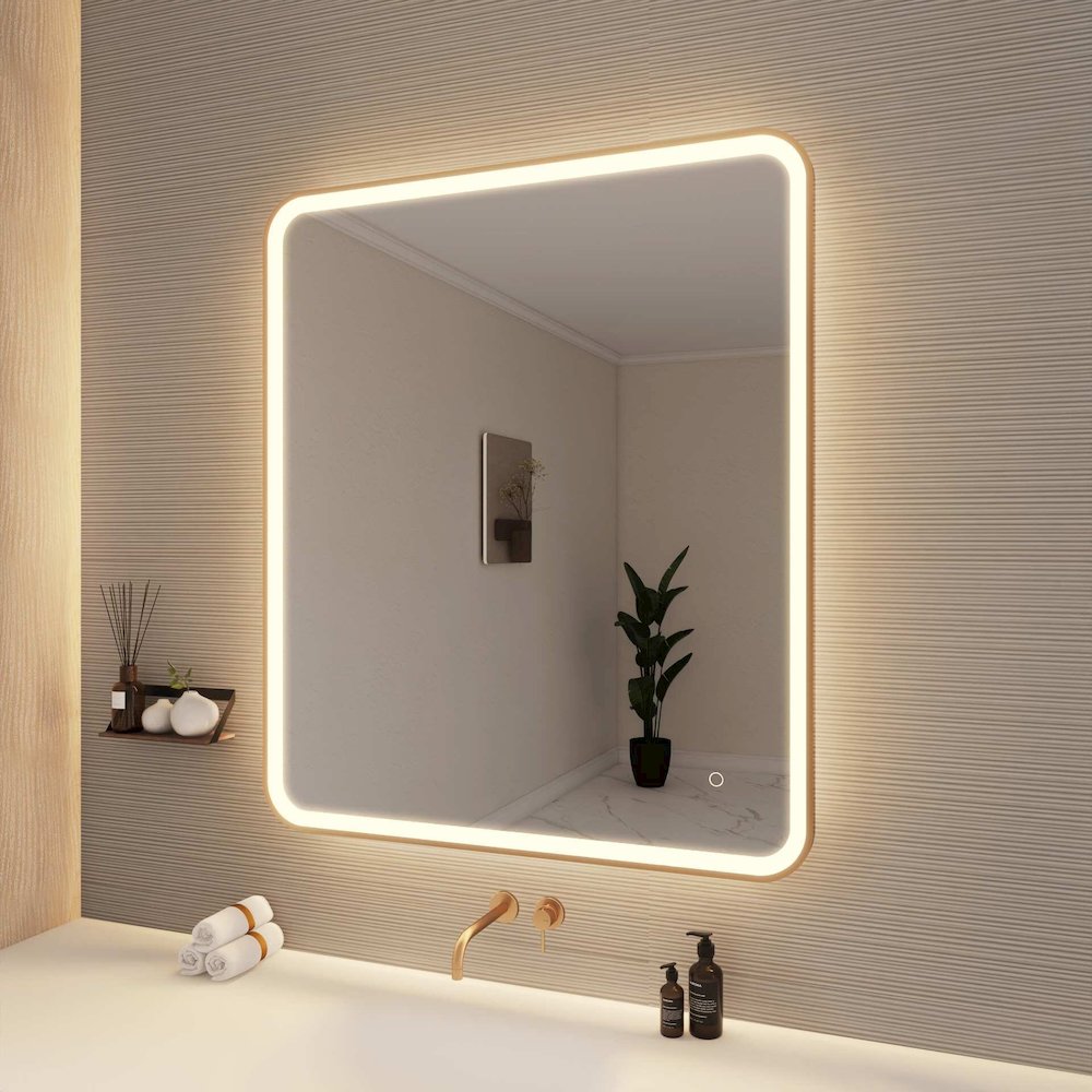 42 Round LED Front and Backlit Wall Mirror in Satin Gold. Picture 4
