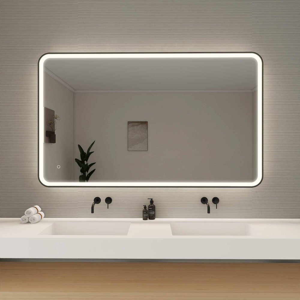 60 Round LED Front and Backlit Wall Mirror in Black. Picture 2