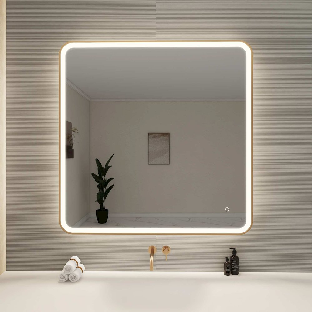 42 Round LED Front and Backlit Wall Mirror in Satin Gold. Picture 2