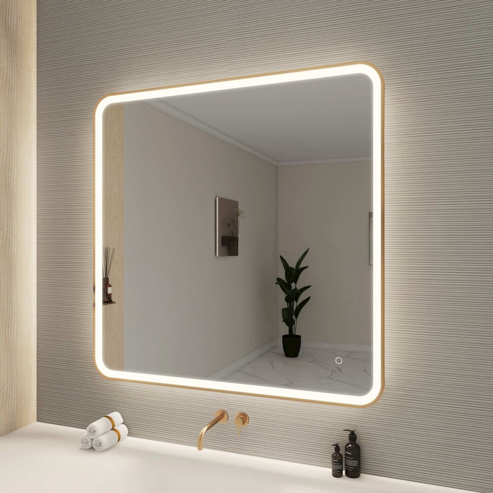 42 Round LED Front and Backlit Wall Mirror in Satin Gold. Picture 3