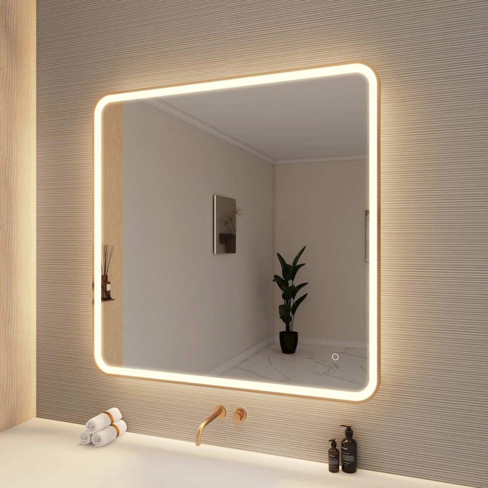 42 Round LED Front and Backlit Wall Mirror in Satin Gold. Picture 4