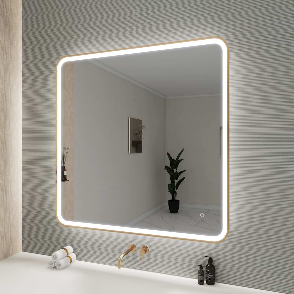 42 Round LED Front and Backlit Wall Mirror in Satin Gold. Picture 5