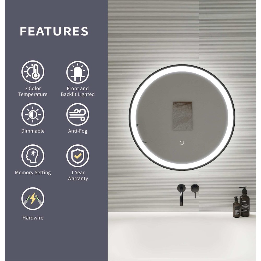21 Round LED Front and Backlit Wall Mirror in Black. Picture 11