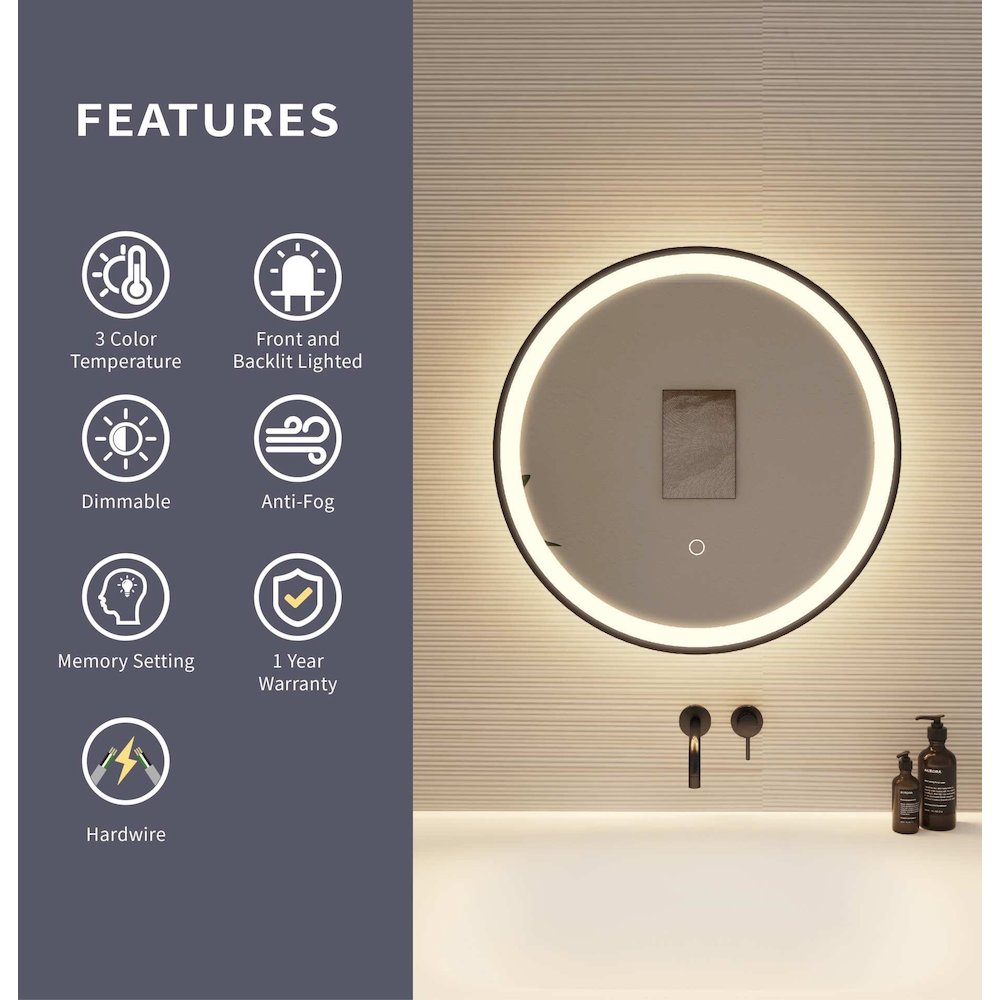 21 Round LED Front and Backlit Wall Mirror in Black. Picture 9