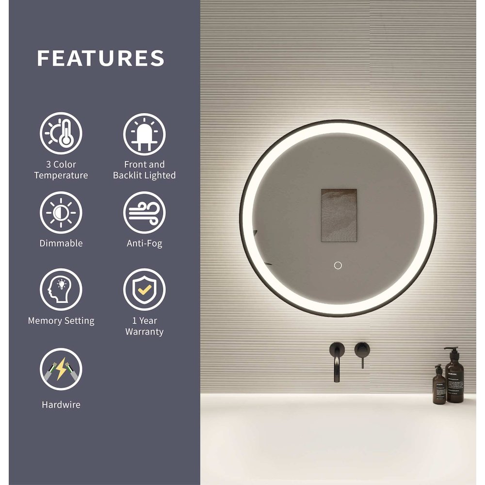 21 Round LED Front and Backlit Wall Mirror in Black. Picture 10