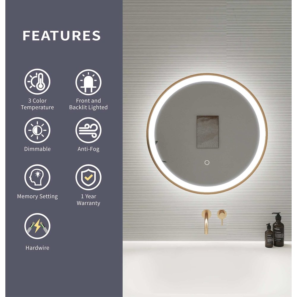 21 Round LED Front and Backlit Wall Mirror in Satin Gold. Picture 11