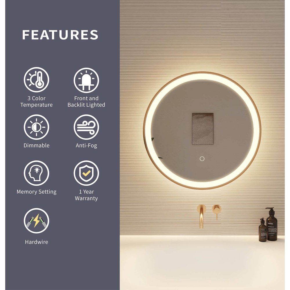 21 Round LED Front and Backlit Wall Mirror in Satin Gold. Picture 9