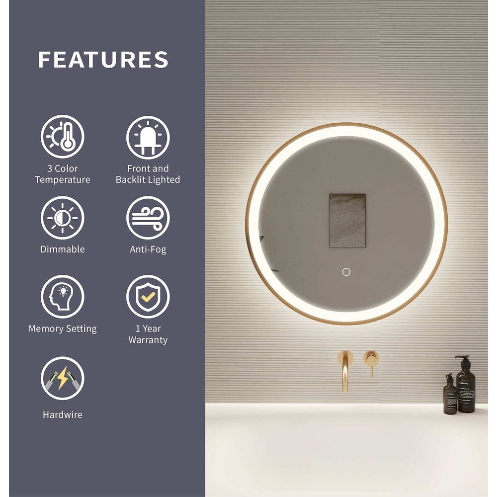 21 Round LED Front and Backlit Wall Mirror in Satin Gold. Picture 10