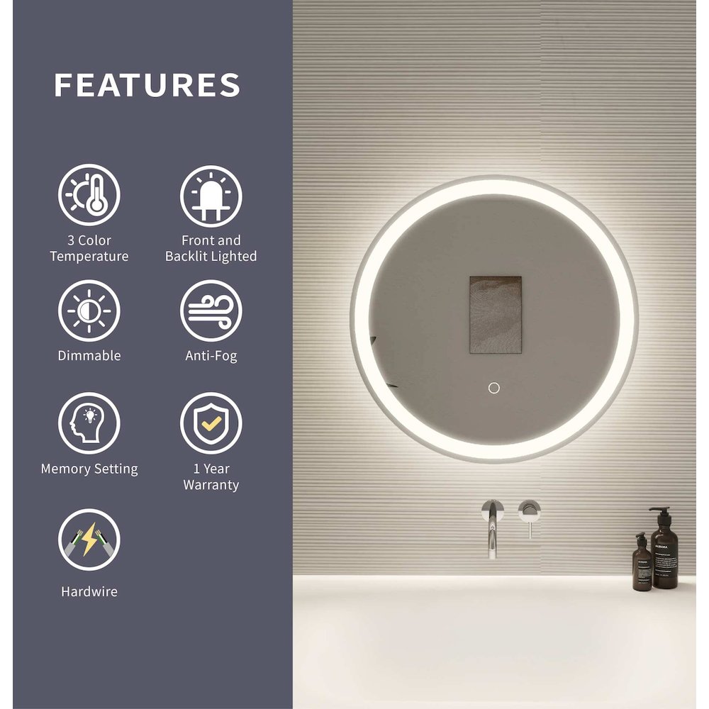 21 Round LED Front and Backlit Wall Mirror in Silver. Picture 10