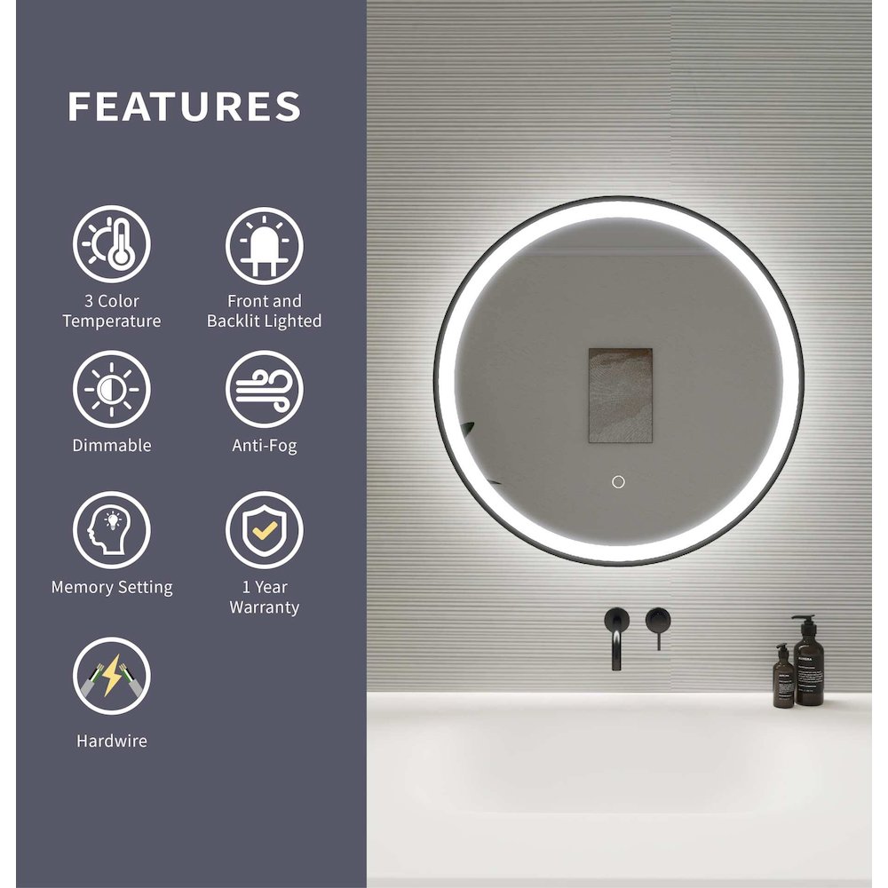 24 Round LED Front and Backlit Wall Mirror in Black. Picture 11