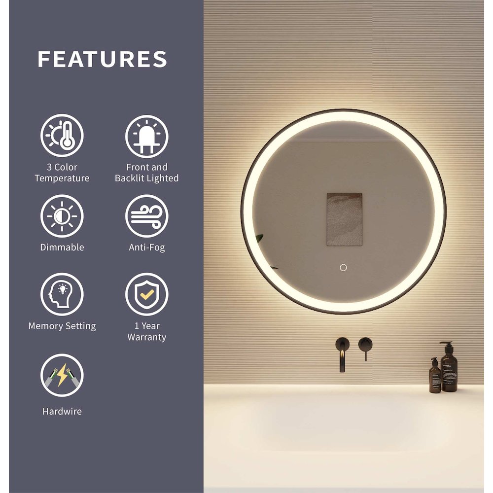 24 Round LED Front and Backlit Wall Mirror in Black. Picture 9