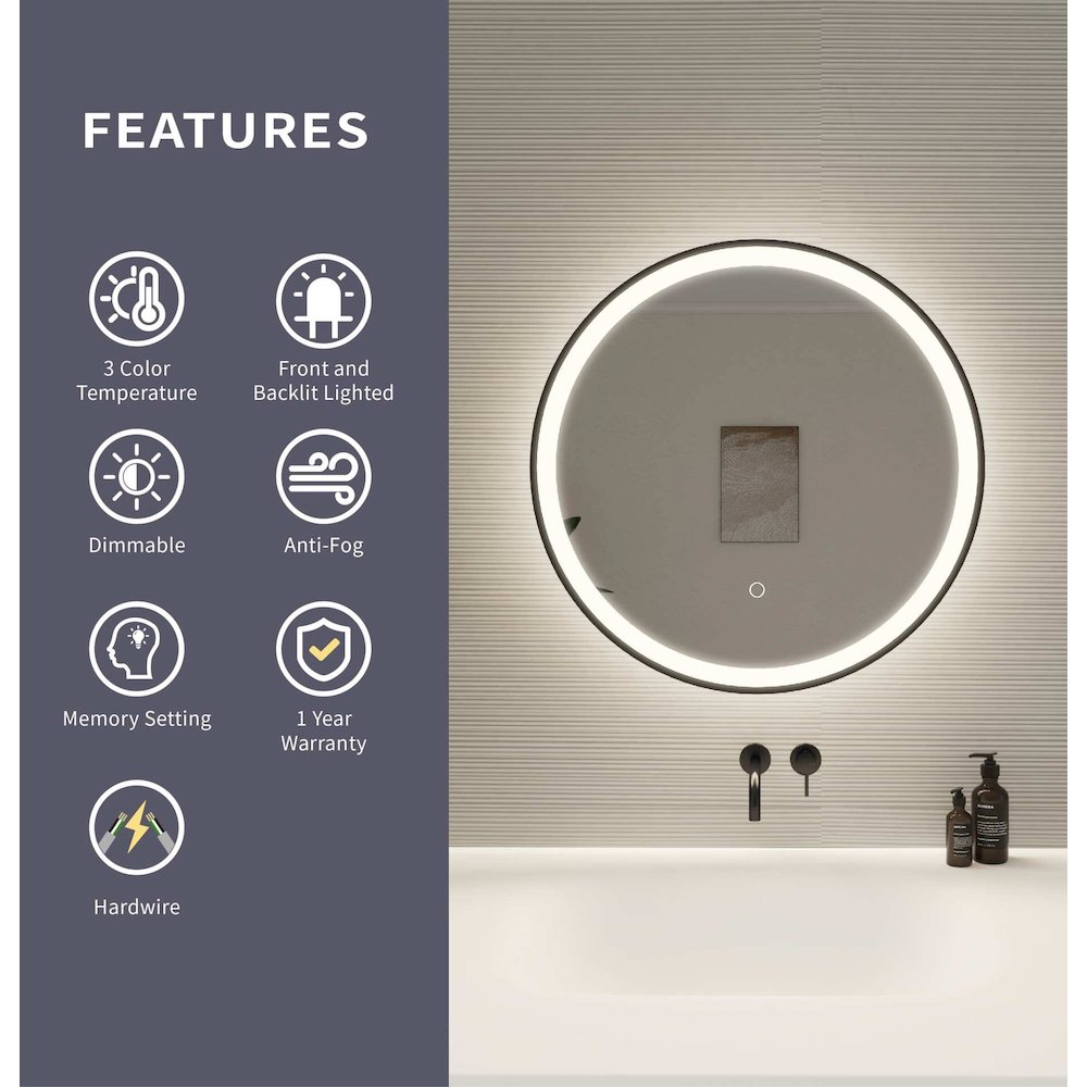 24 Round LED Front and Backlit Wall Mirror in Black. Picture 10
