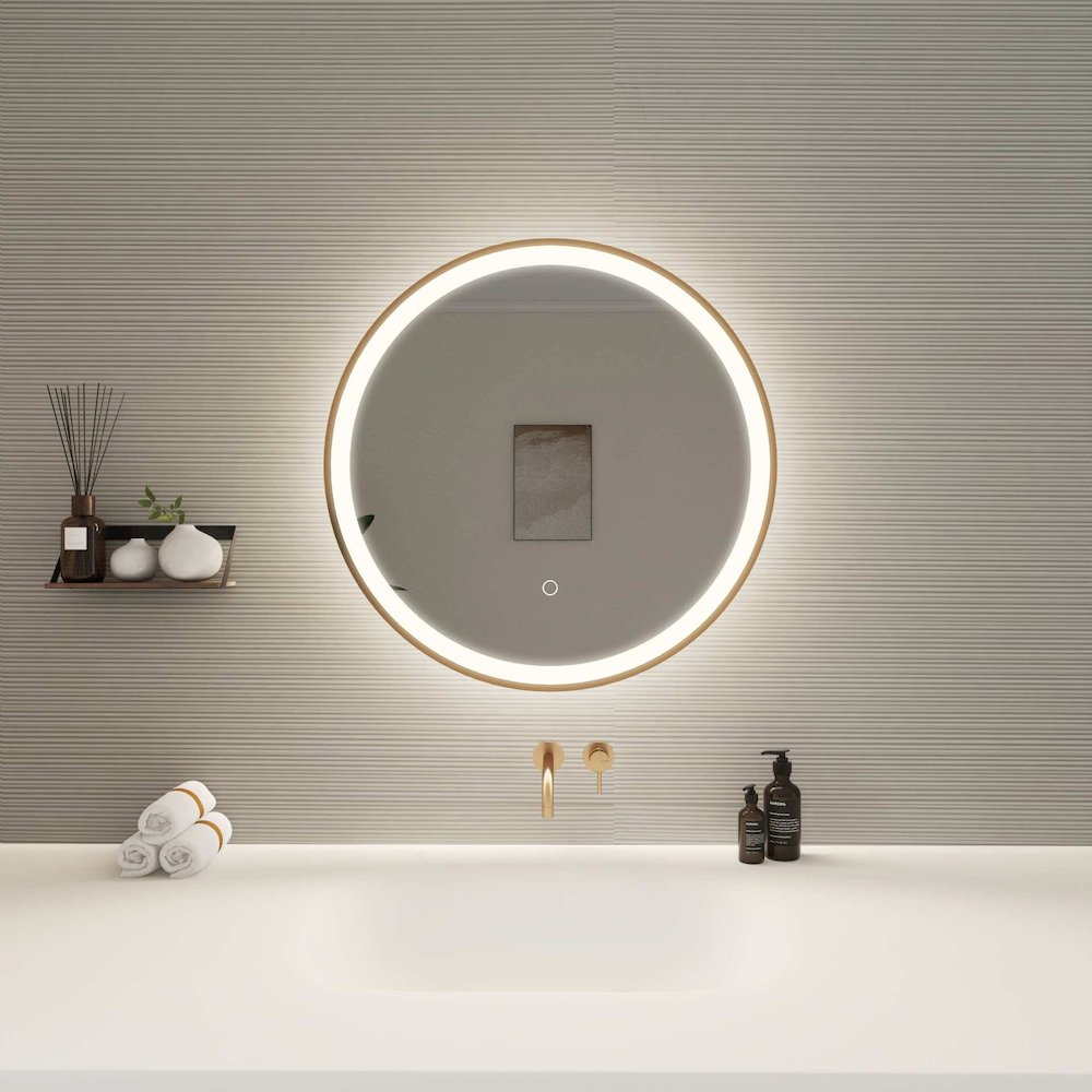 24 Round LED Front and Backlit Wall Mirror in Satin Gold. Picture 2