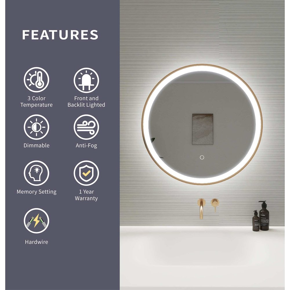 24 Round LED Front and Backlit Wall Mirror in Satin Gold. Picture 11