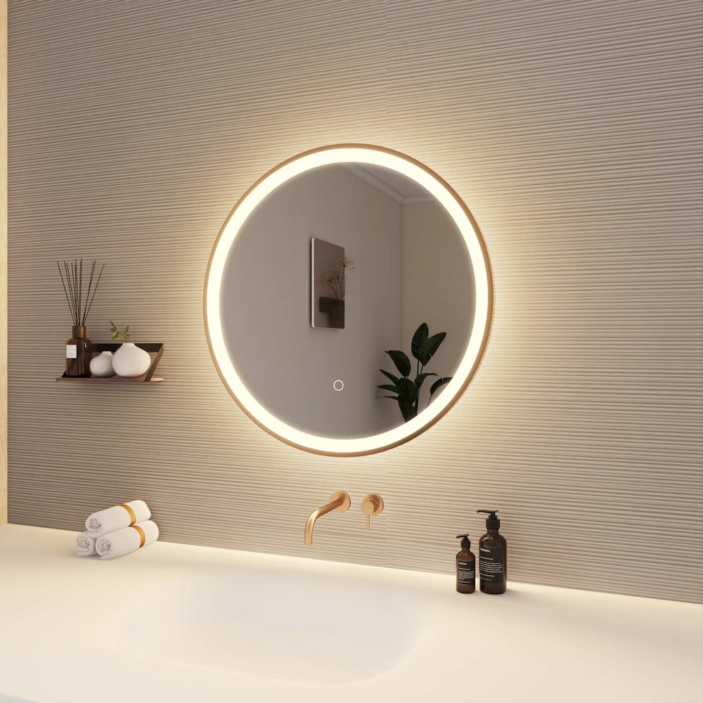 24 Round LED Front and Backlit Wall Mirror in Satin Gold. Picture 4