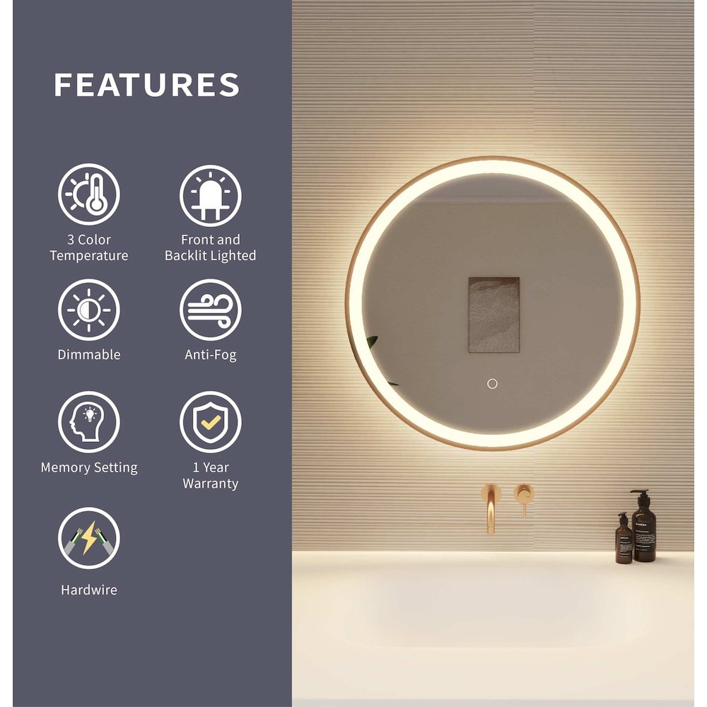 24 Round LED Front and Backlit Wall Mirror in Satin Gold. Picture 9