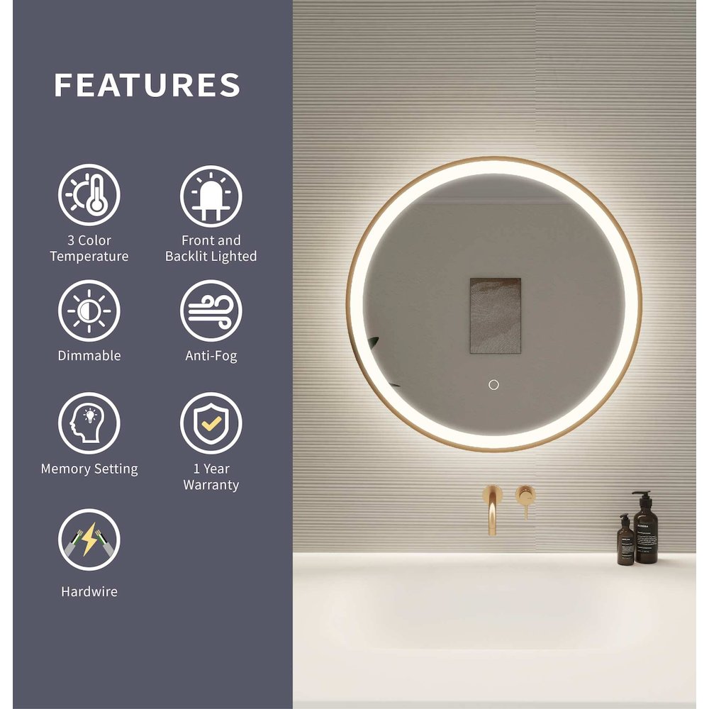 24 Round LED Front and Backlit Wall Mirror in Satin Gold. Picture 10
