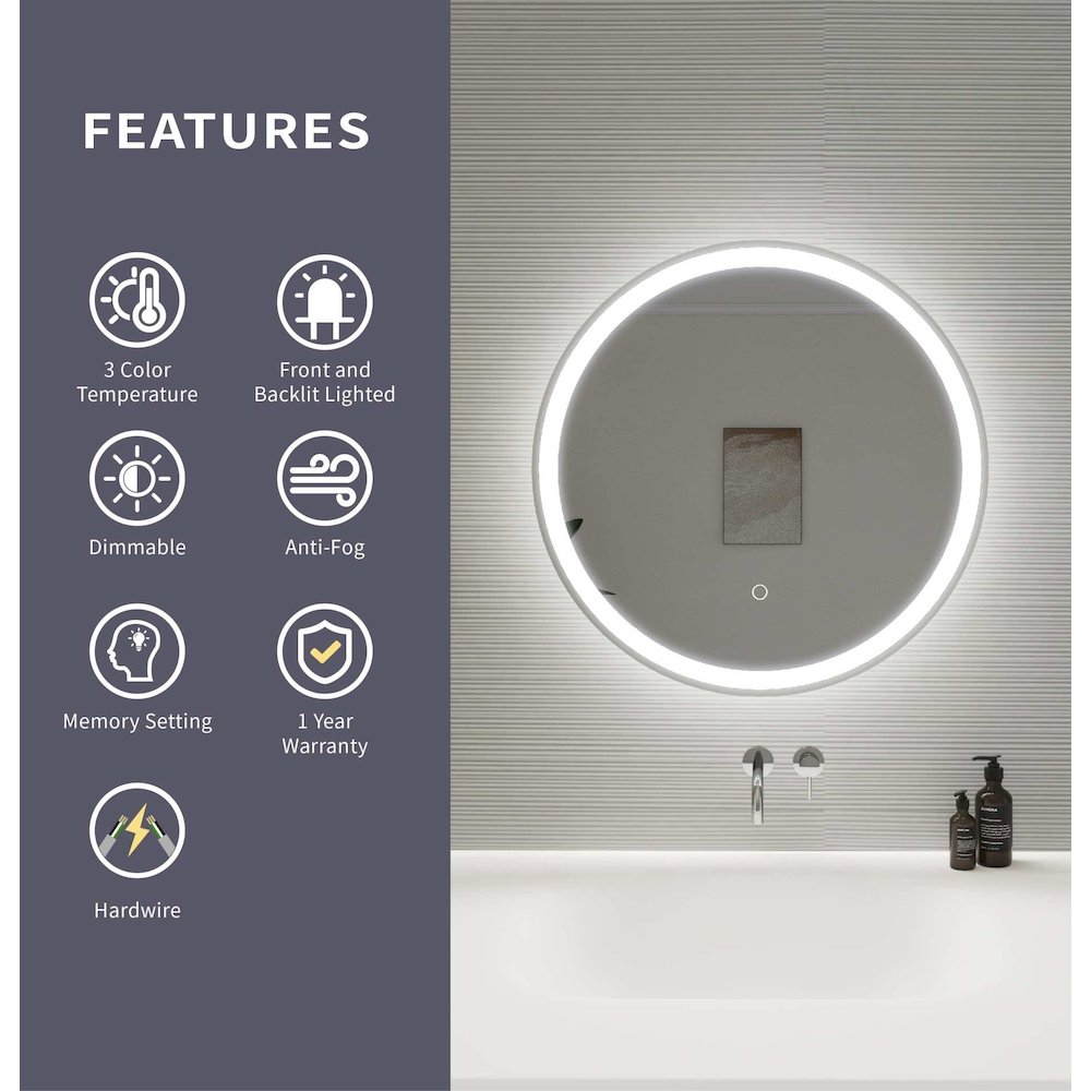 24 Round LED Front and Backlit Wall Mirror in Silver. Picture 11