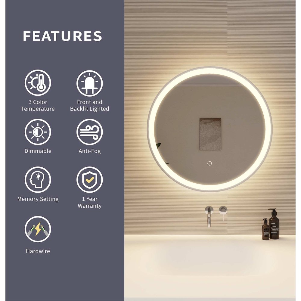 24 Round LED Front and Backlit Wall Mirror in Silver. Picture 9